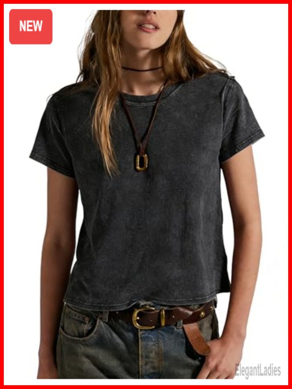 Womens Vintage Washed Cropped T Shirt Cotton Crew Neck Tee